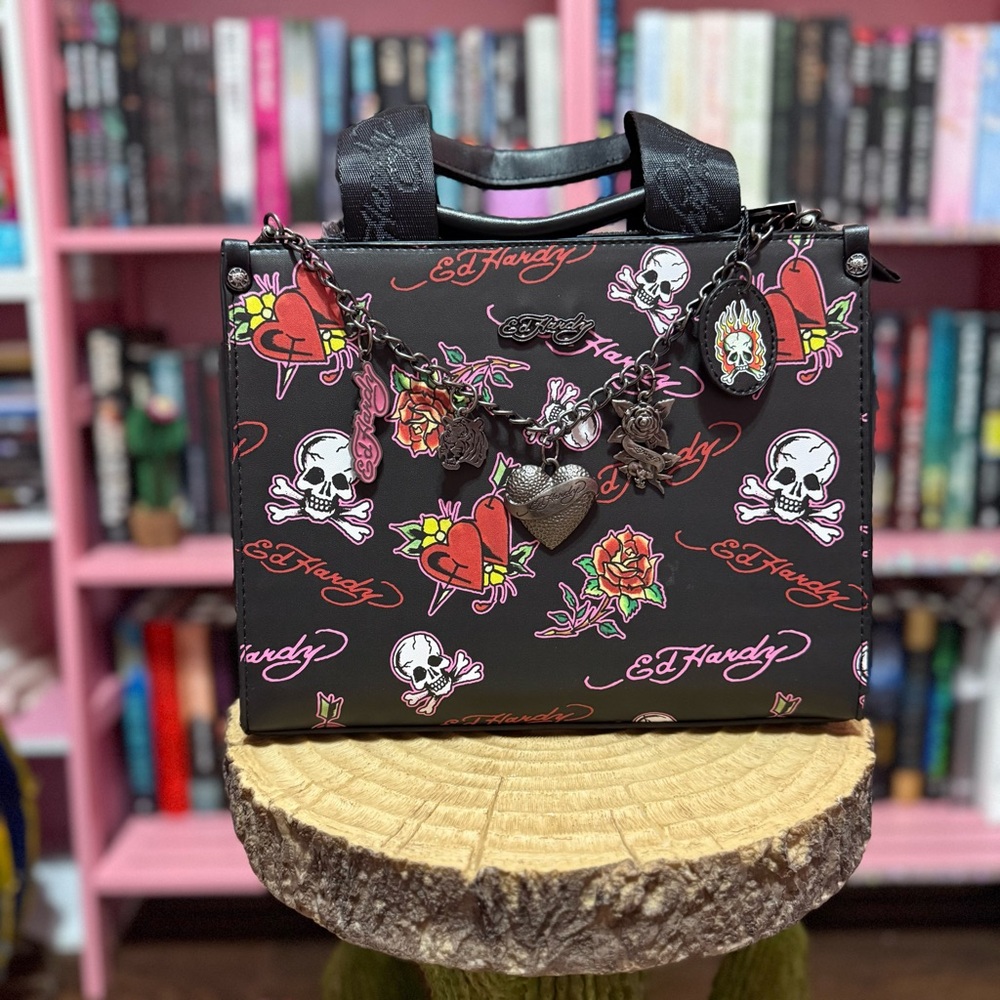 Ed Hardy Black Tote with Skull and Rose Design